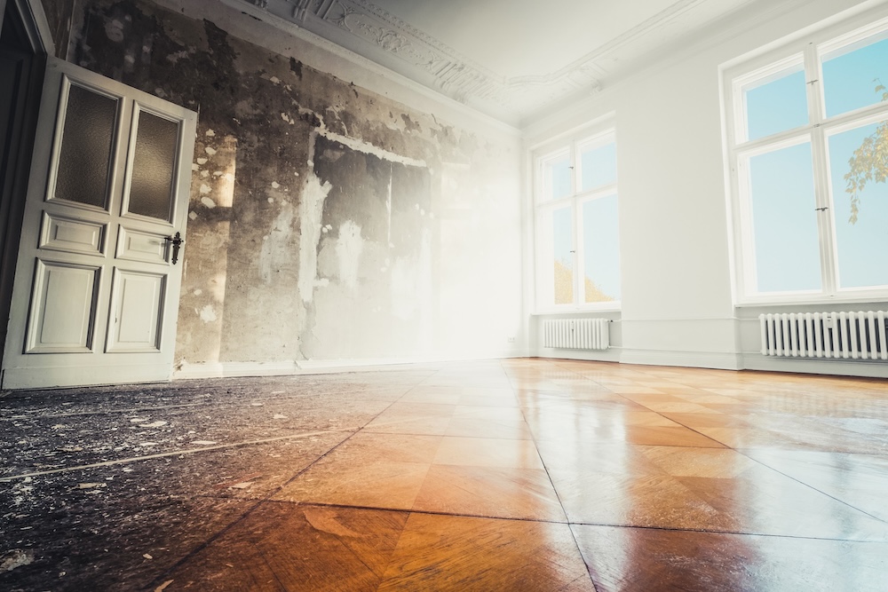 home renovation, empty room before and after refurbishment or restoration